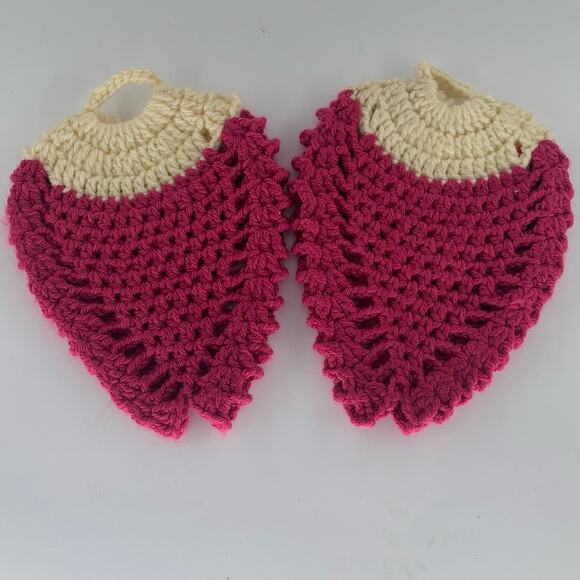 Vintage Crochet Potholders Set 2 Raspberry Yarn Beige Pink Handmade Pot Holder - Picture 2 of 5